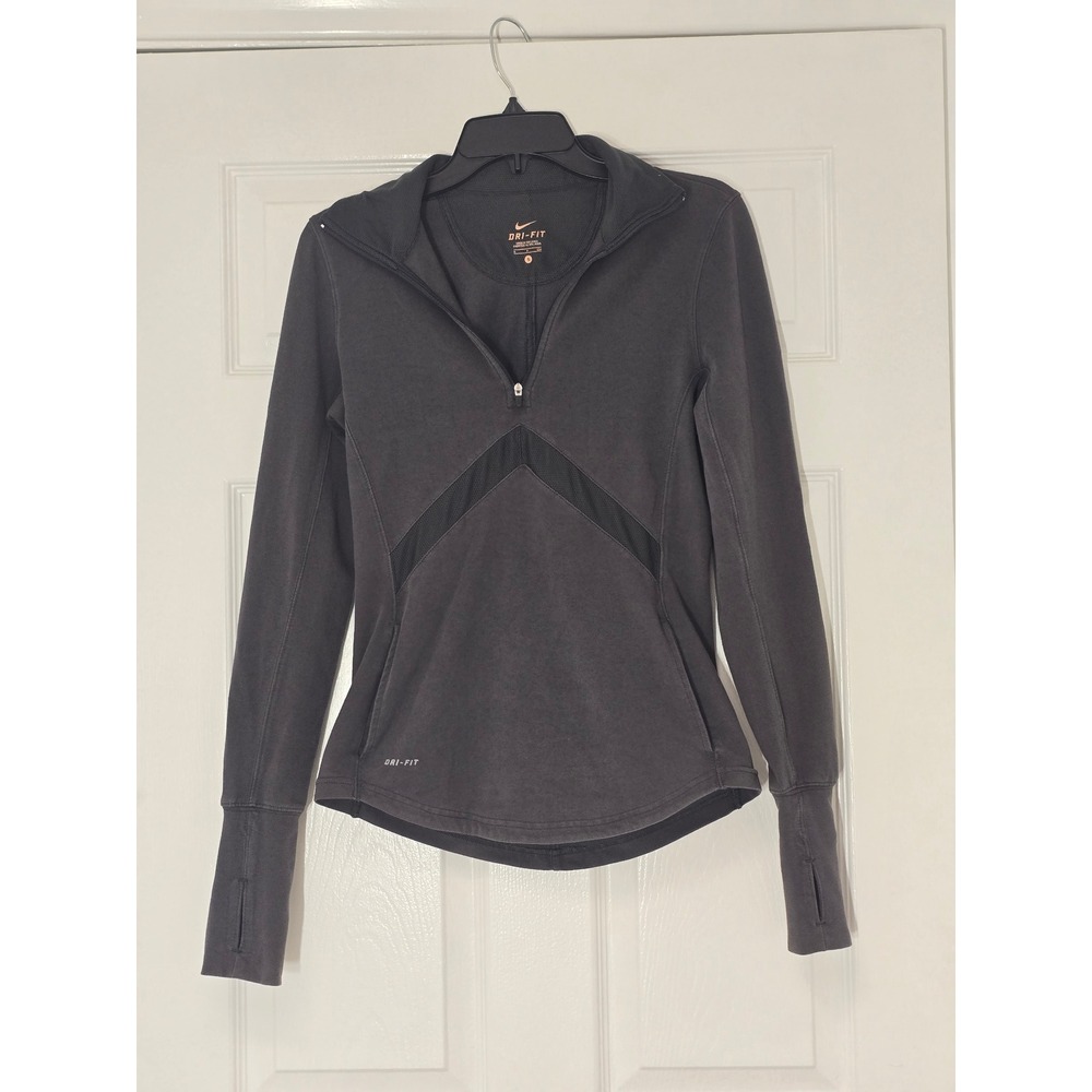Nike Dri-FIT Womens Quarter Zip Pullover Grey Mesh Chevron Thumbhole S Cotton